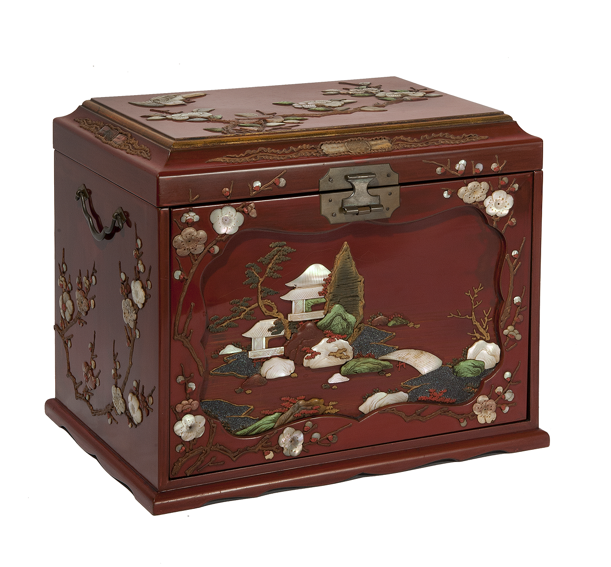 Red lacquered seal box with embossed landscape and flowers (kodansu).