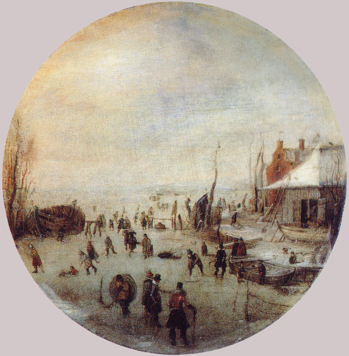 Paesaggio invernale con pattinatori e giocatori di hockey 