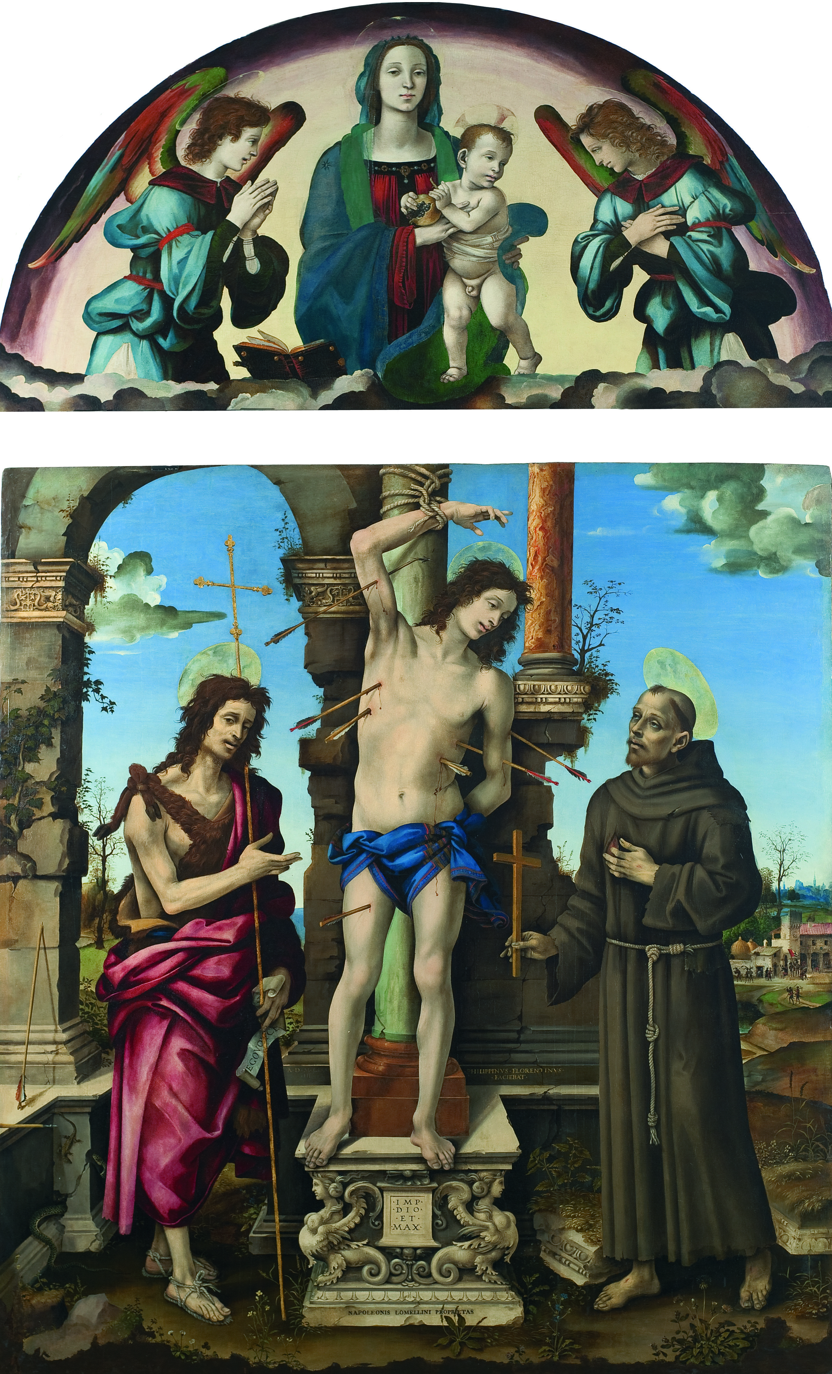 I santi Sebastiano, Giovanni Battista e Francesco (tavola centrale) (1503) e Madonna col Bambino (cimasa)