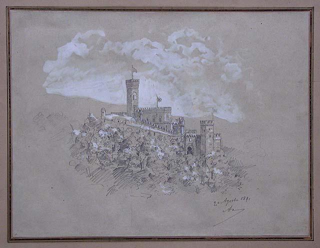Schizzo prospettico con veduta d’insieme del castello e del bastione, da ponente
