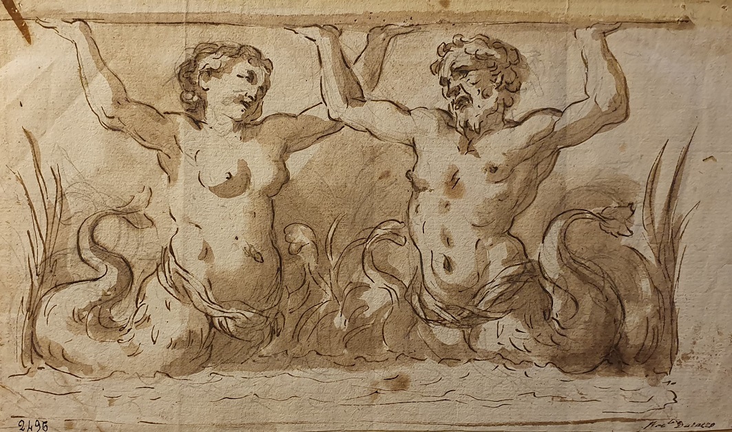 Progetto per tavolo da muro sostenuto da due divinità marine 