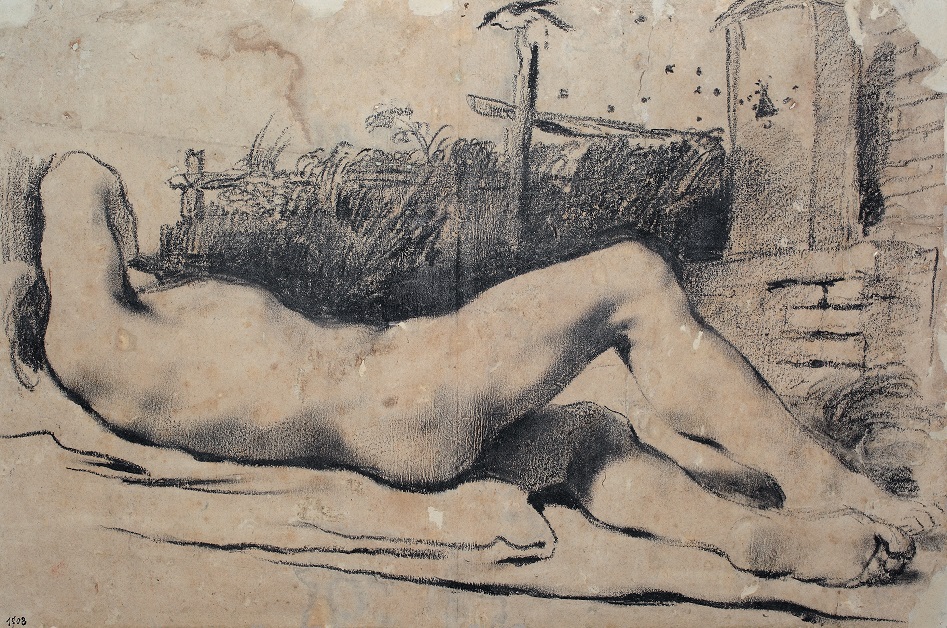 Studio di nudo: giovane disteso davanti a una siepe