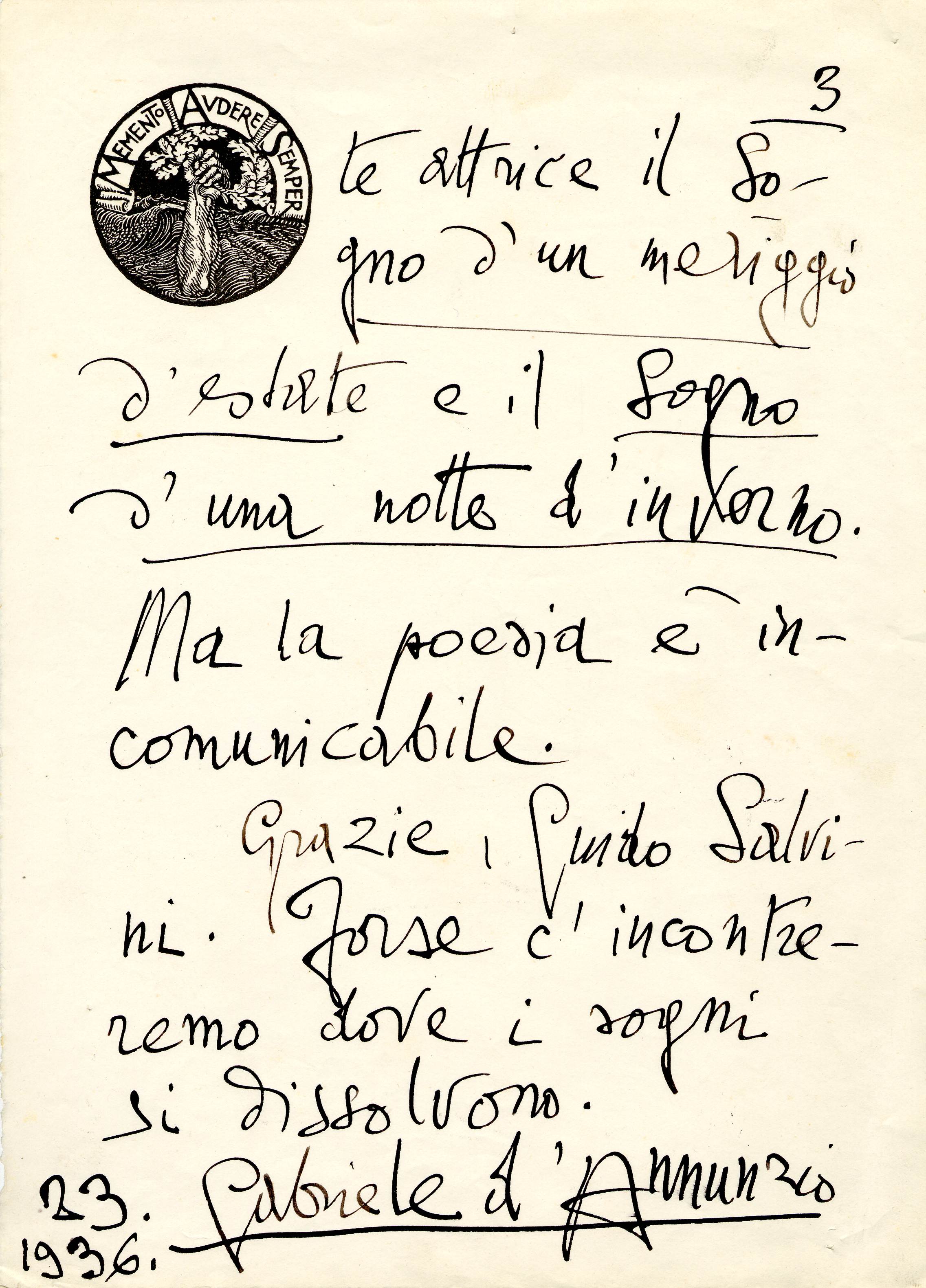 Lettera di Gabriele D'Annunzio conservata nell'Archivio