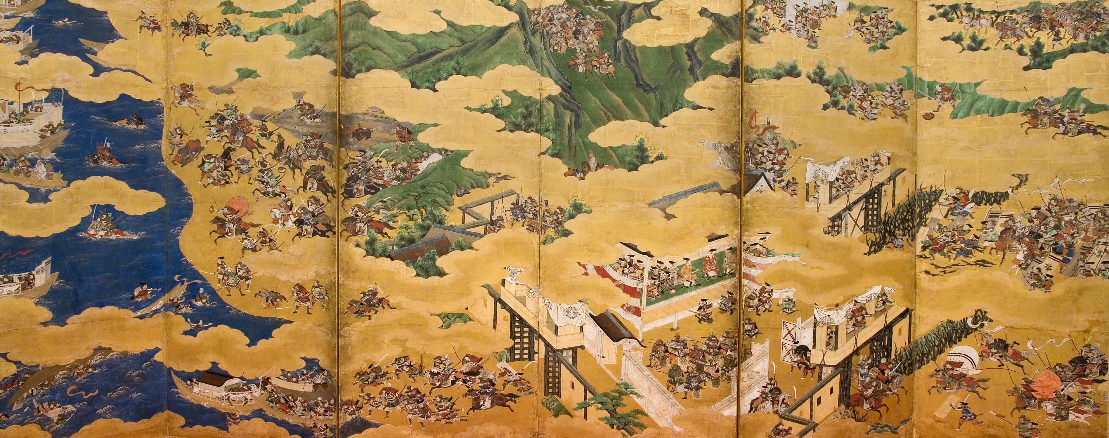 La battaglia di Ichinotani, paravento dipinto La battaglia di Ichinotani, paravento dipinto
