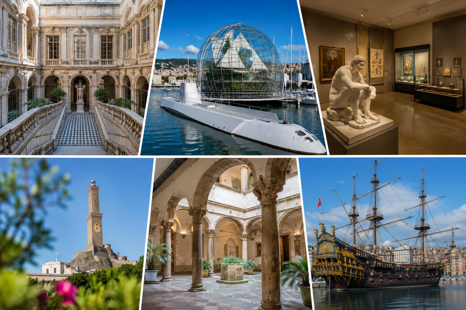 Collage di immagini dei musei e dei luoghi culturali di Genova, tra palazzi storici, sale museali, Lanterna e porto.