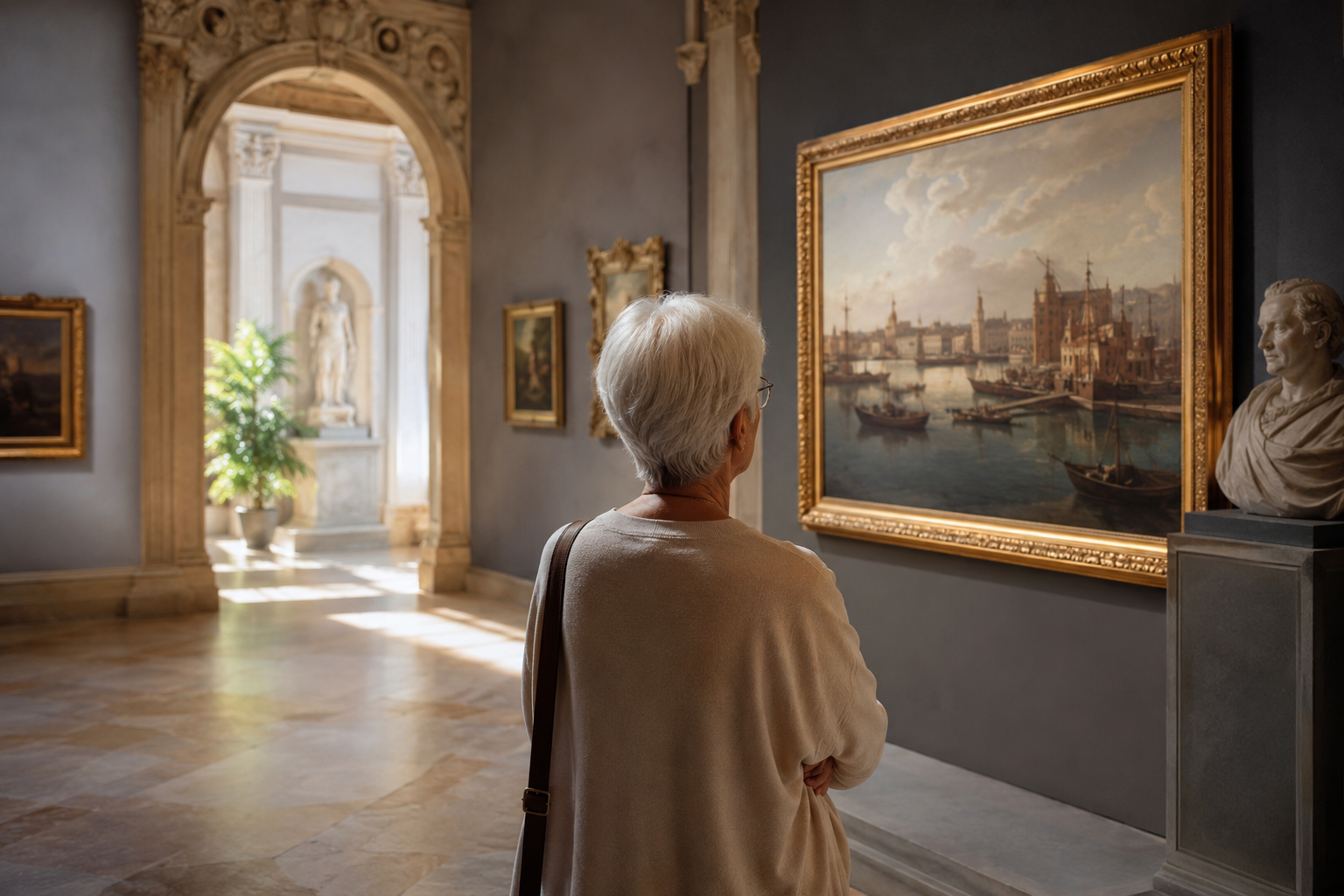 A visitor admires a work of art in a bright museum gallery, immersed in the tranquillity and beauty of the city's cultural heritage.