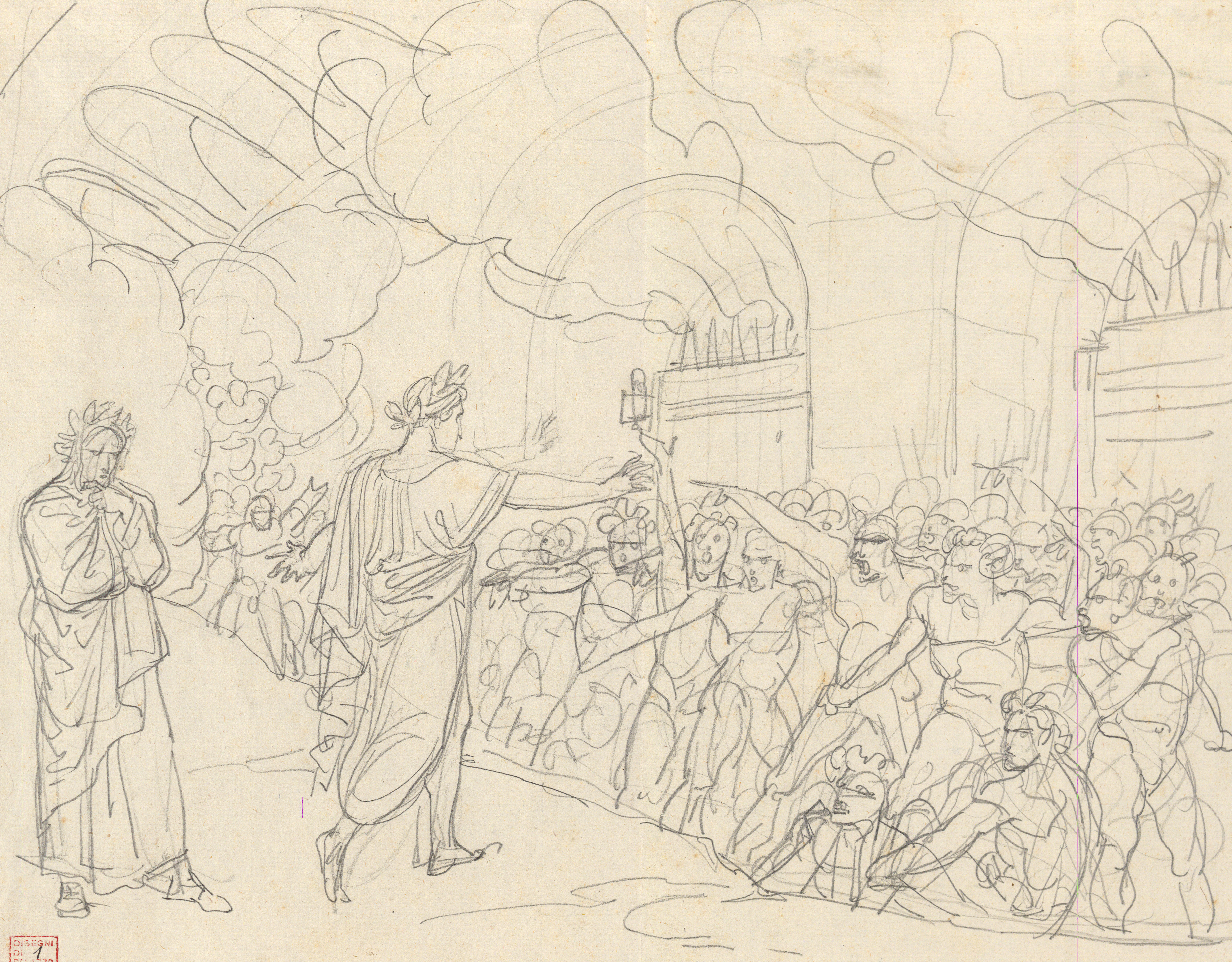 Virgilio si rivolge ai diavoli davanti alle porte della città di Dite (Disegno)