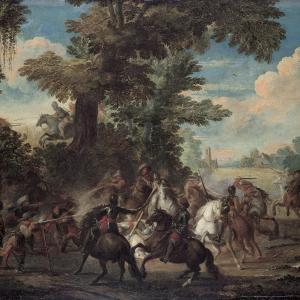 Fighting between arquebusiers and cavalry