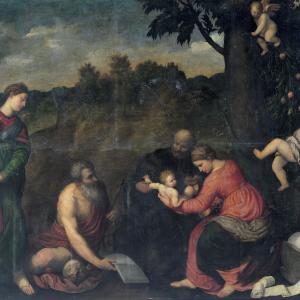 Sacra famiglia con i Santi Gerolamo, Caterina d’ Alessandria e angeli 