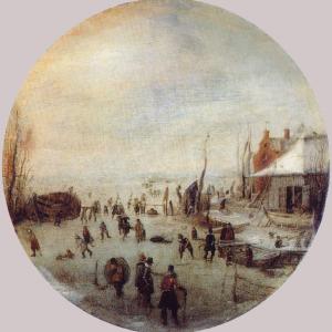 Paesaggio invernale con pattinatori e giocatori di hockey 