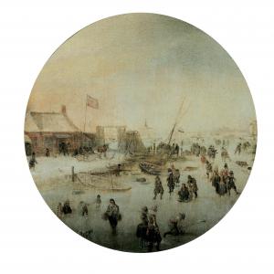 Paesaggio invernale con pattinatori e slitte 