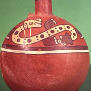 Lenticular bottle with two serpentiform figures,  540 - 630 A.D. (Nasca 9)