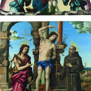 I santi Sebastiano, Giovanni Battista e Francesco (tavola centrale) (1503) e Madonna col Bambino (cimasa)