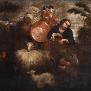 Shepherd with sheep and other animals