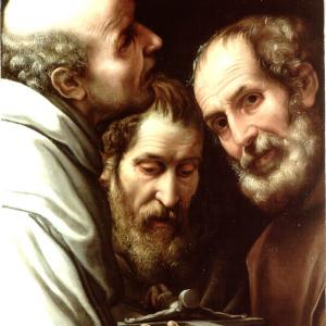 Tre monaci in adorazione del Crocifisso 