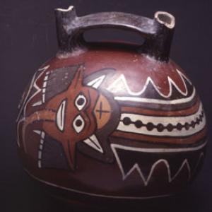 Globular vase with bridge loop with representation of serpentiform figures (Nasca)
