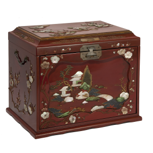 Red lacquered seal box with embossed landscape and flowers (kodansu).