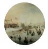 Paesaggio invernale con pattinatori e slitte 